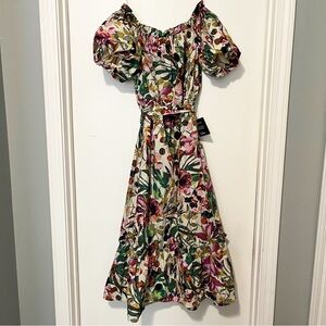 Lulus Floral Off-Shoulder Beige Pink Green Midi Dress Medium Puff Sleeve NWOT